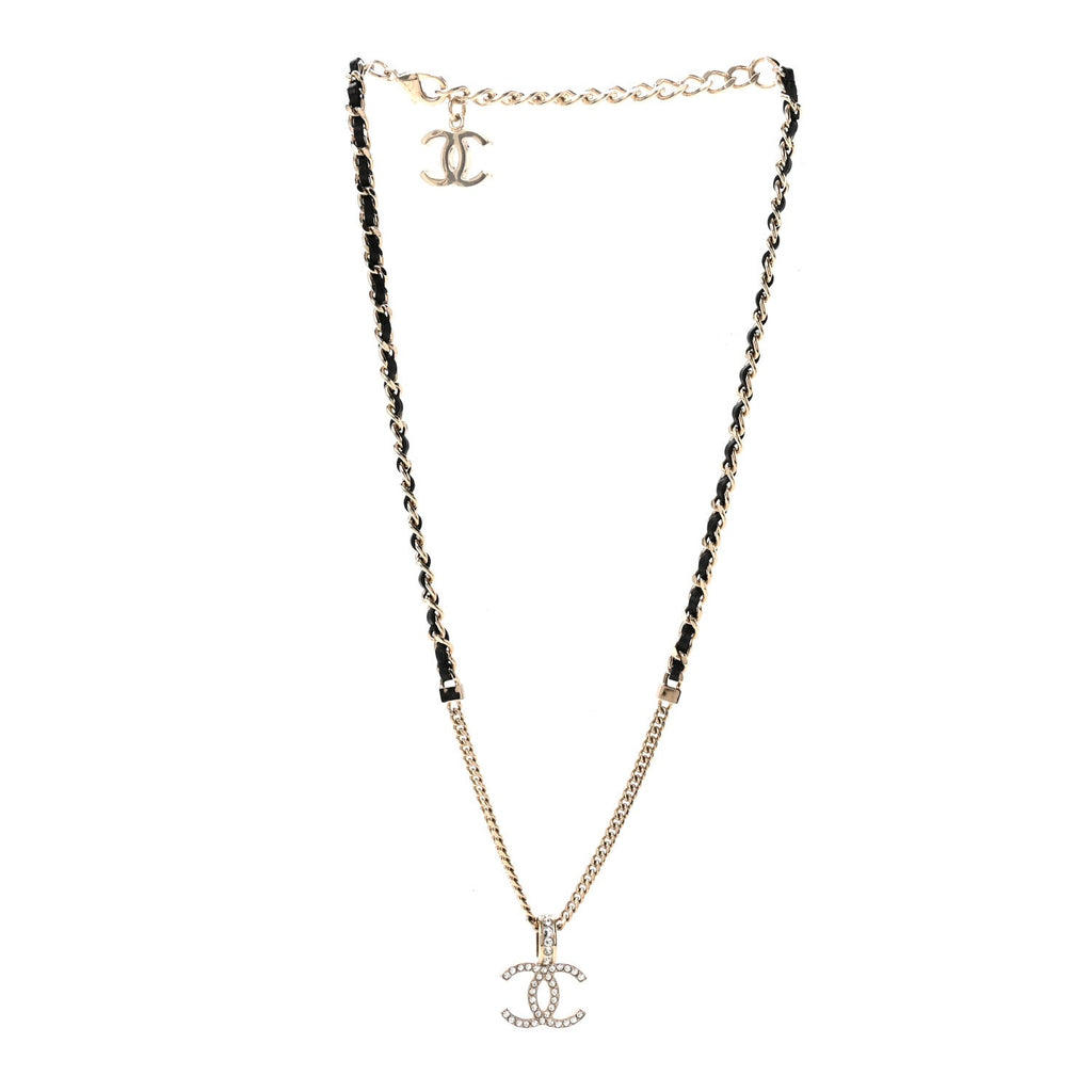 Lambskin Crystal CC Chain Pendant Necklace Black Gold