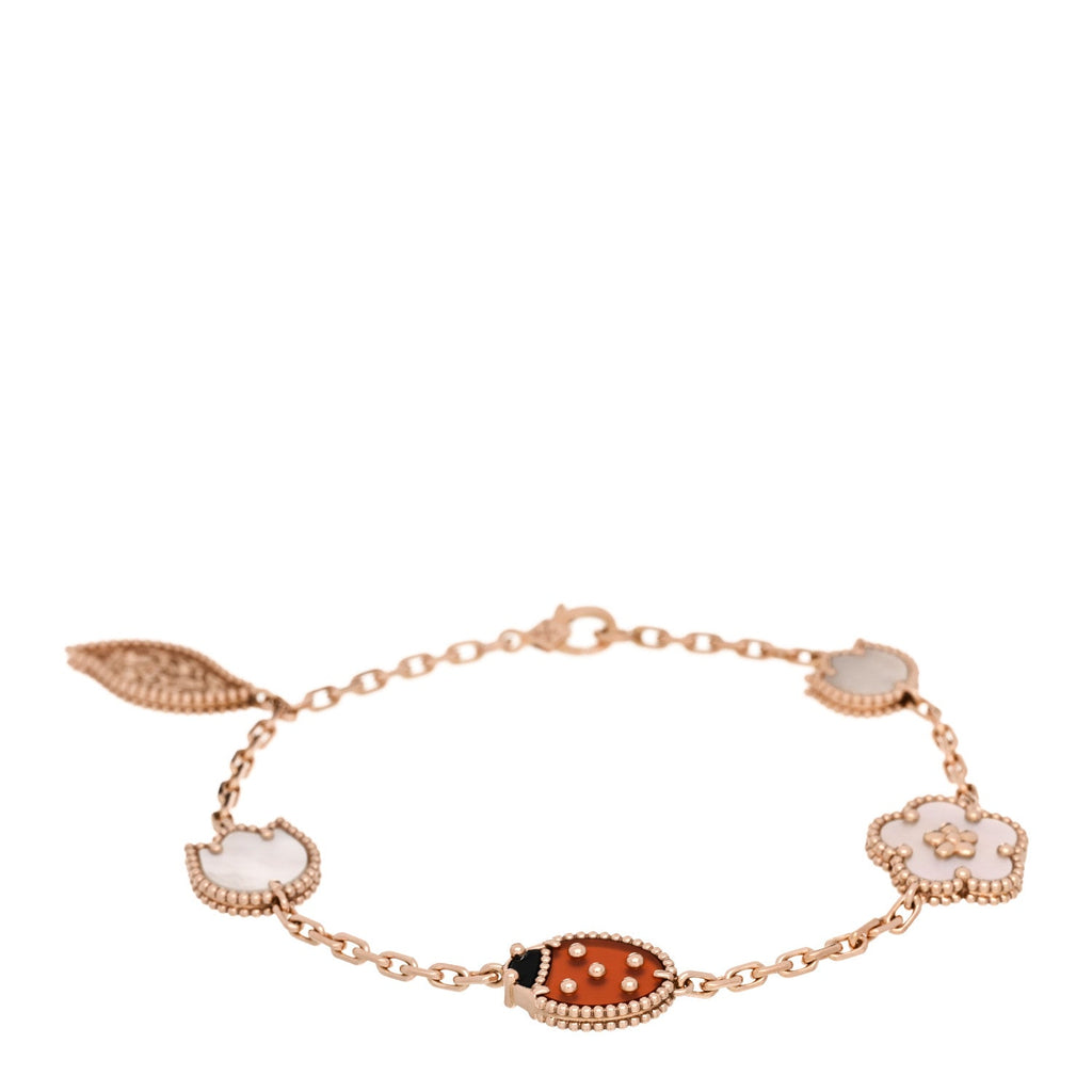 18K Rose Gold Carnelian Mother of Pearl Onyx 5 Motifs Lucky Spring Bracelet