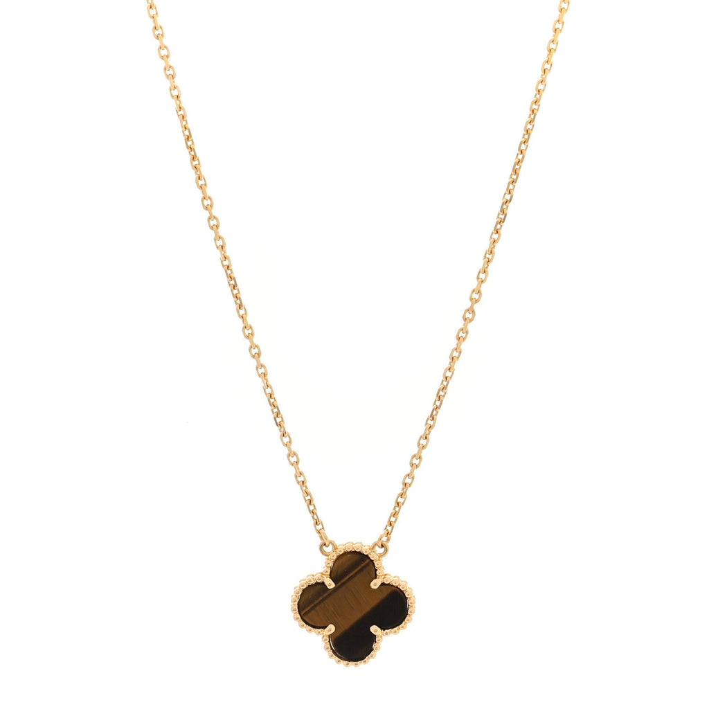 18K Yellow Gold Tiger Eye Vintage Alhambra Pendant Necklace