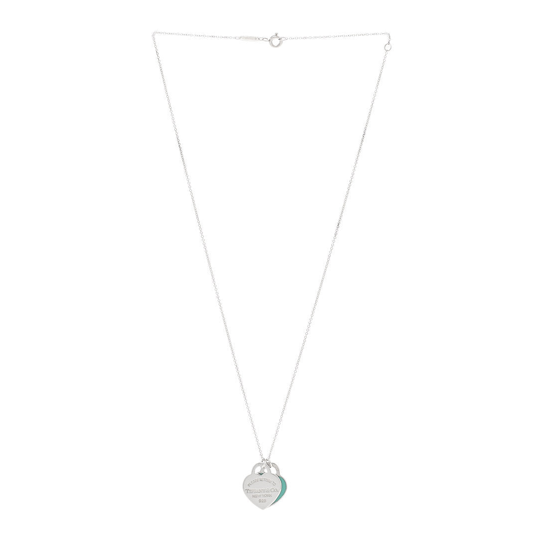 Sterling Silver Enamel Return to Tiffany Double Heart Tag Pendant Necklace Blue