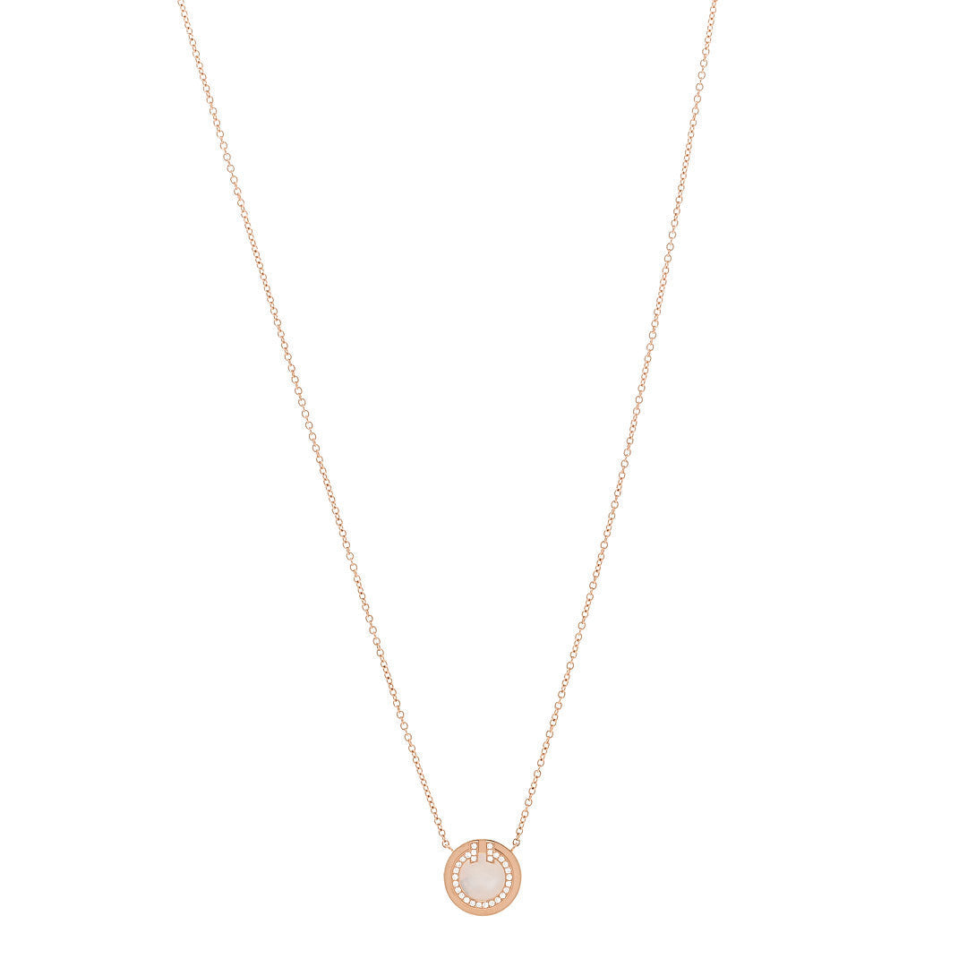 18K Rose Gold Diamond Mother of Pearl Small T Circle Pendant Necklace