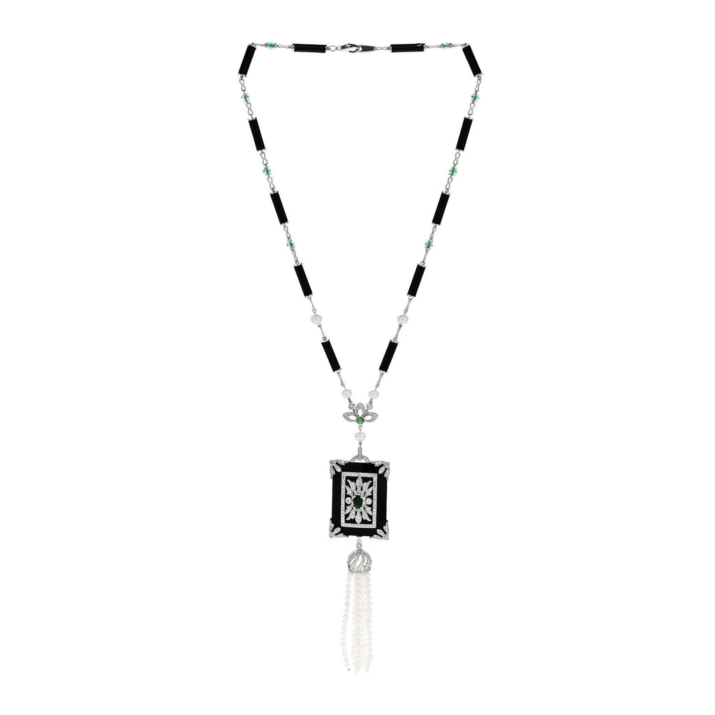 18K White Gold Diamond Emerald Black Onyx Cultured Pearl 1.45ctw Art Deco Tassel Pendant Necklace