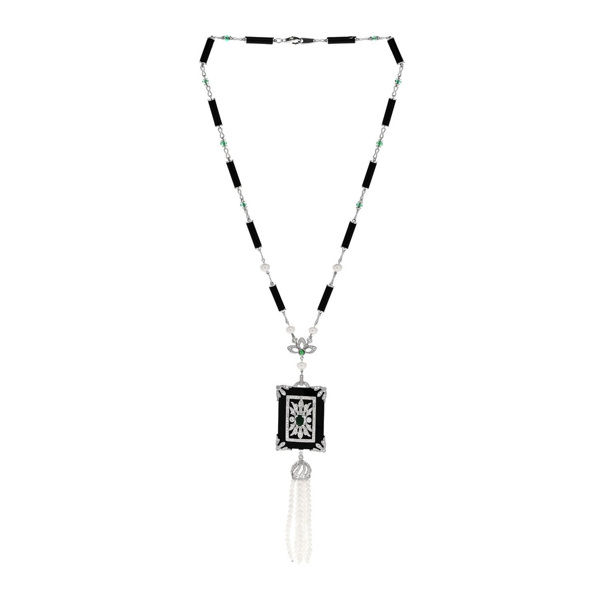 18K White Gold Diamond Emerald Black Onyx Cultured Pearl 1.45ctw Art Deco Tassel Pendant Necklace