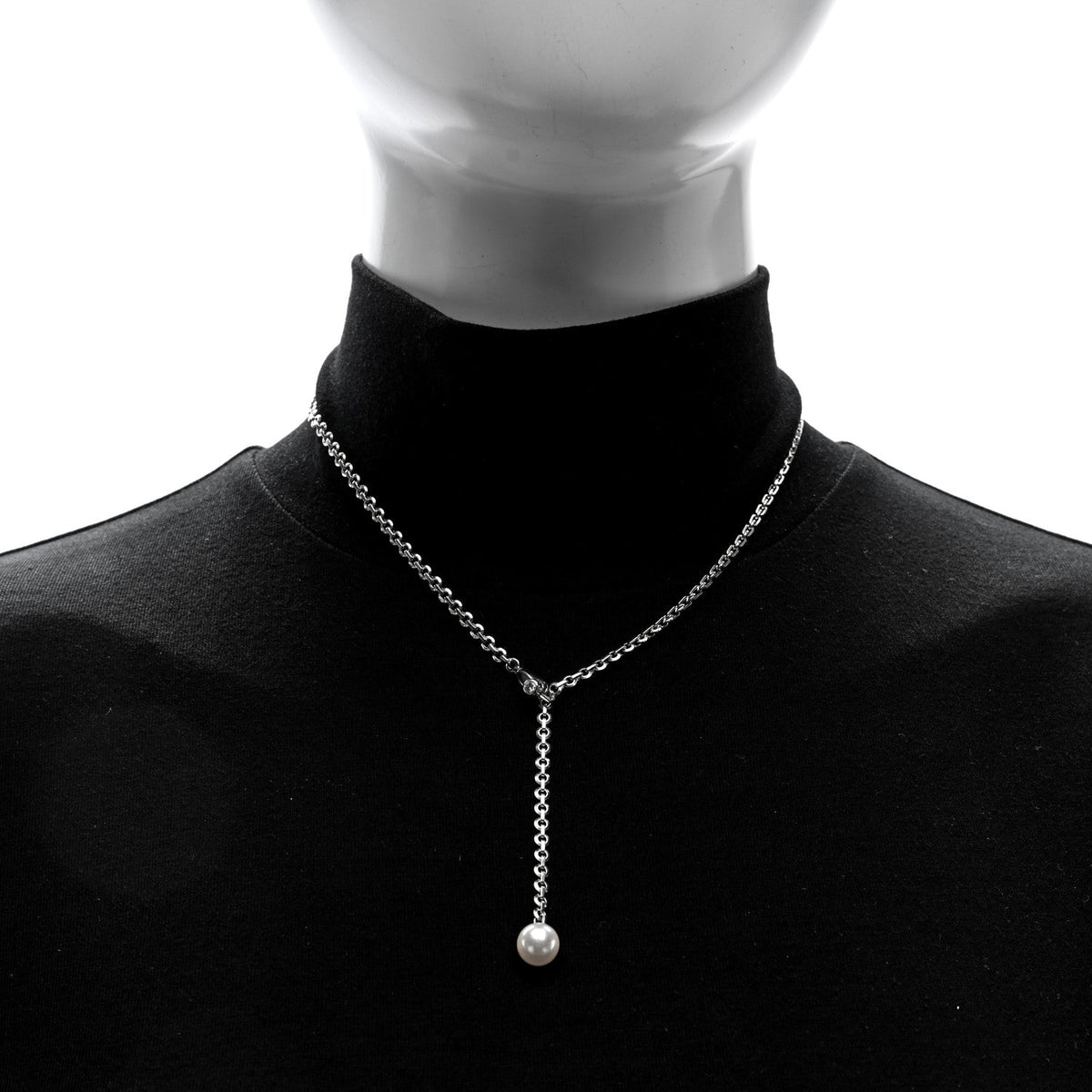 18K White Gold Diamond Pearl 8.5mm Lariat Pendant Necklace