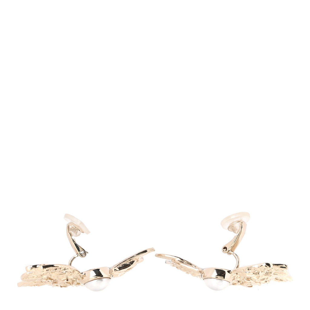 Metal Pearl Feather Clip On Earrings Gold