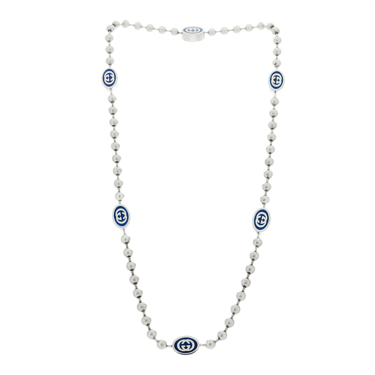 Sterling Silver Enamel Thin Interlocking G Necklace Blue