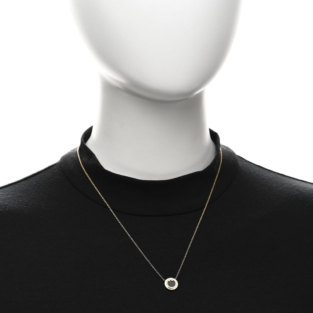 18K Yellow Gold Diamond Black Onyx Small T Circle Pendant Necklace