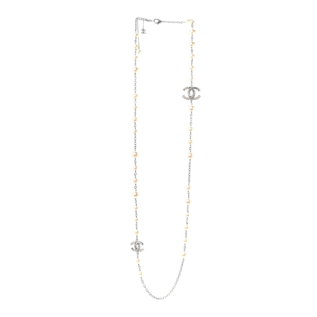 Graduated Pearl Crystal CC Long Necklace Silver