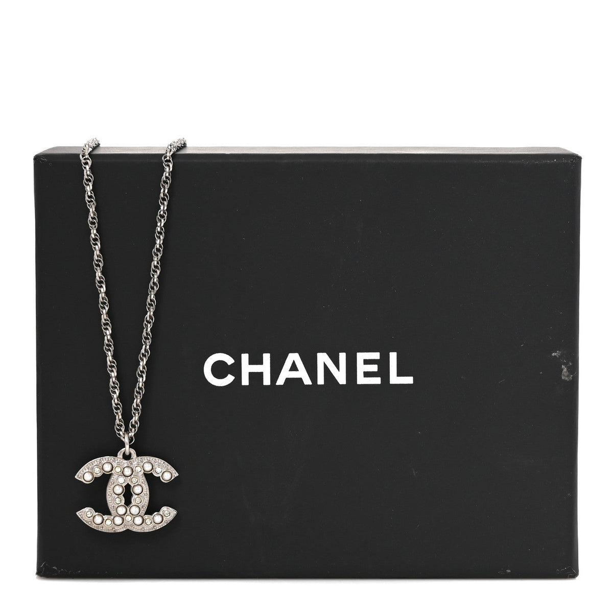 Crystal Pearl CC Necklace Silver