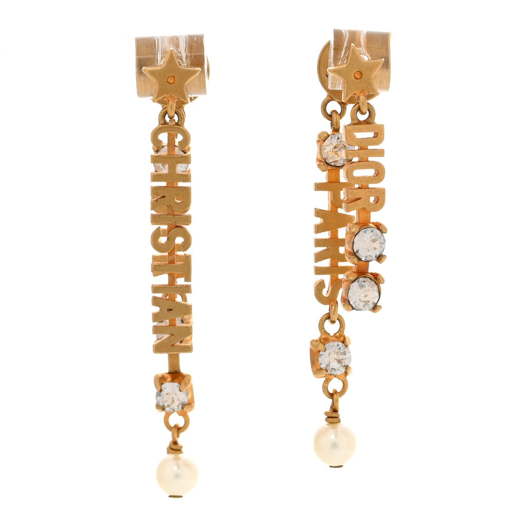 CHRISTIAN Crystal Pearl Logo Dangle Earrings Gold