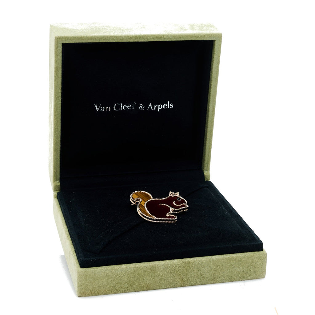 18K Rose Gold Carnelian Black Onyx Tiger Eye Lucky Animals Squirrel Brooch