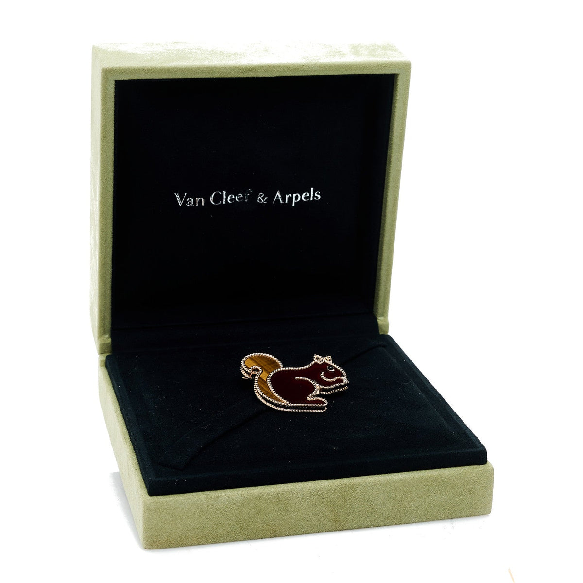 18K Rose Gold Carnelian Black Onyx Tiger Eye Lucky Animals Squirrel Brooch