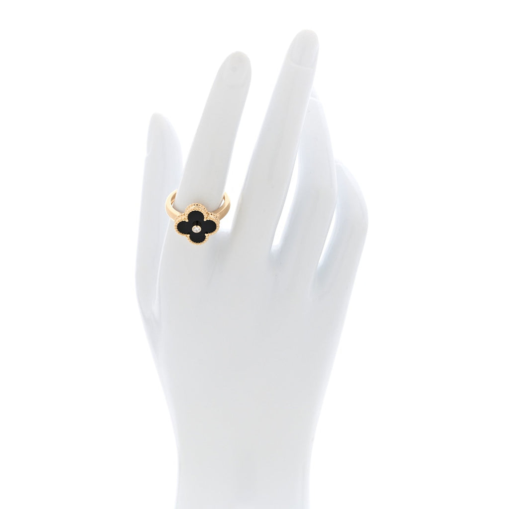 18K Yellow Gold Black Onyx Diamond Vintage Alhambra Ring 56 7.5