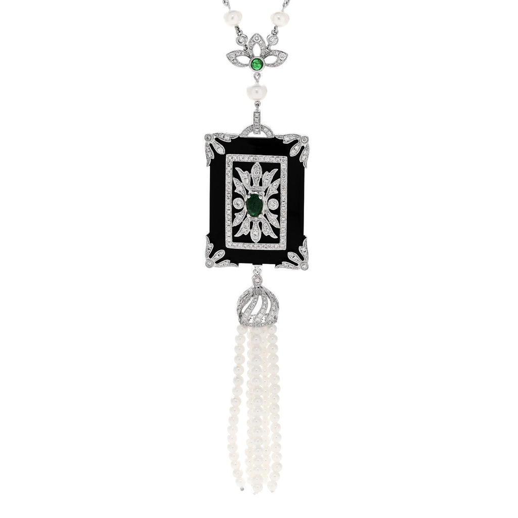 18K White Gold Diamond Emerald Black Onyx Cultured Pearl 1.45ctw Art Deco Tassel Pendant Necklace