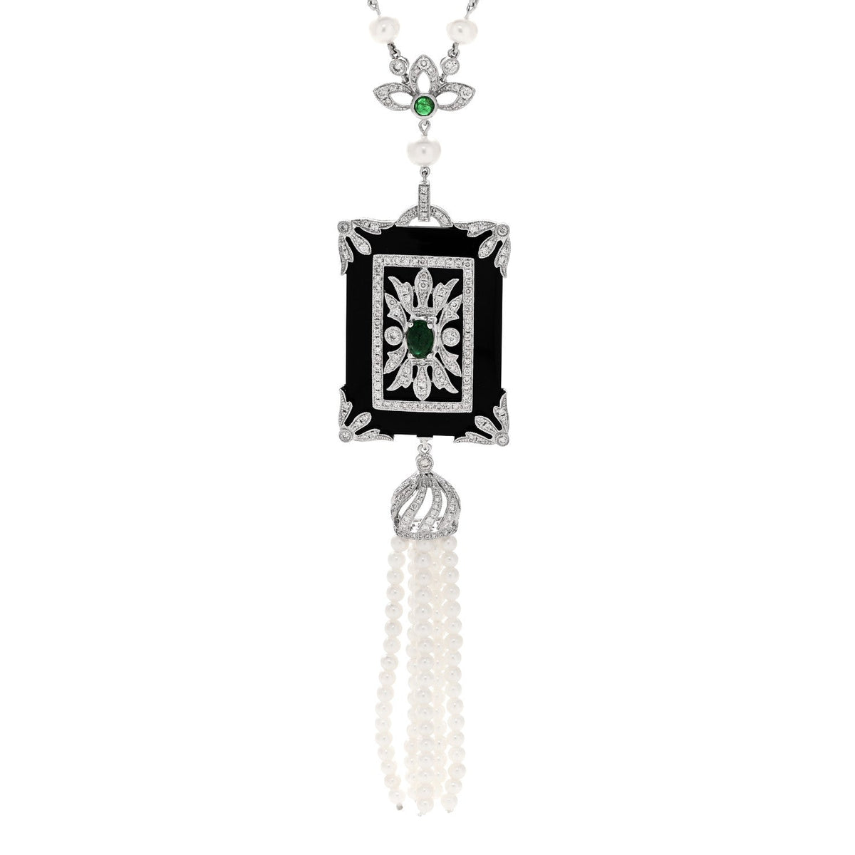 18K White Gold Diamond Emerald Black Onyx Cultured Pearl 1.45ctw Art Deco Tassel Pendant Necklace