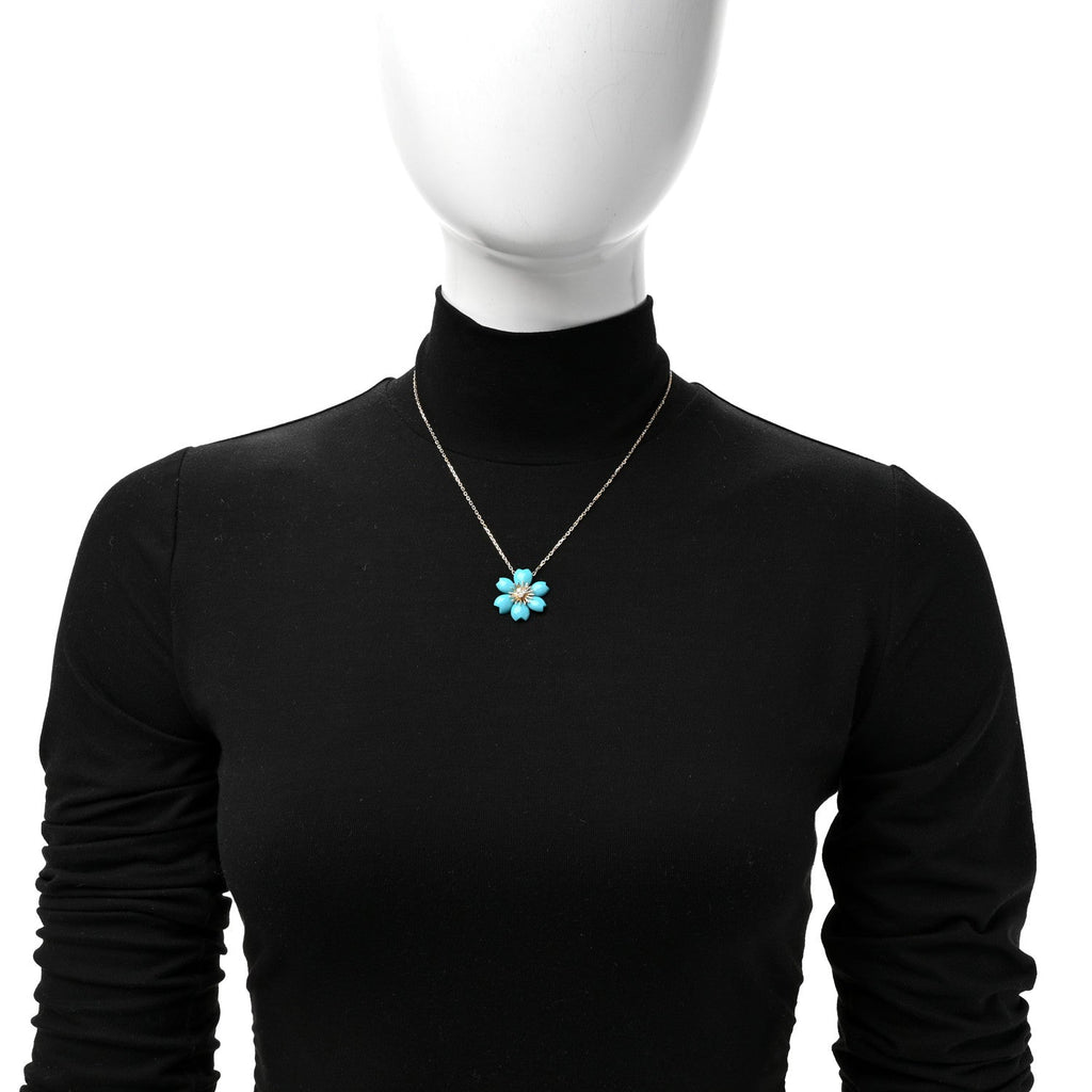 18K Yellow Gold Diamond Turquoise Mini Rose De Noel Pendant Necklace