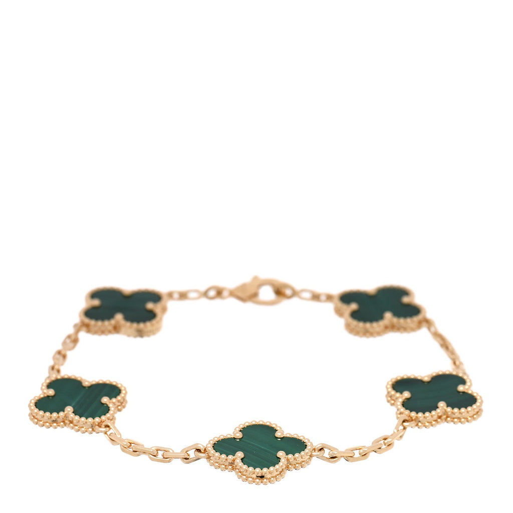 18K Yellow Gold Malachite 5 Motifs Vintage Alhambra Bracelet