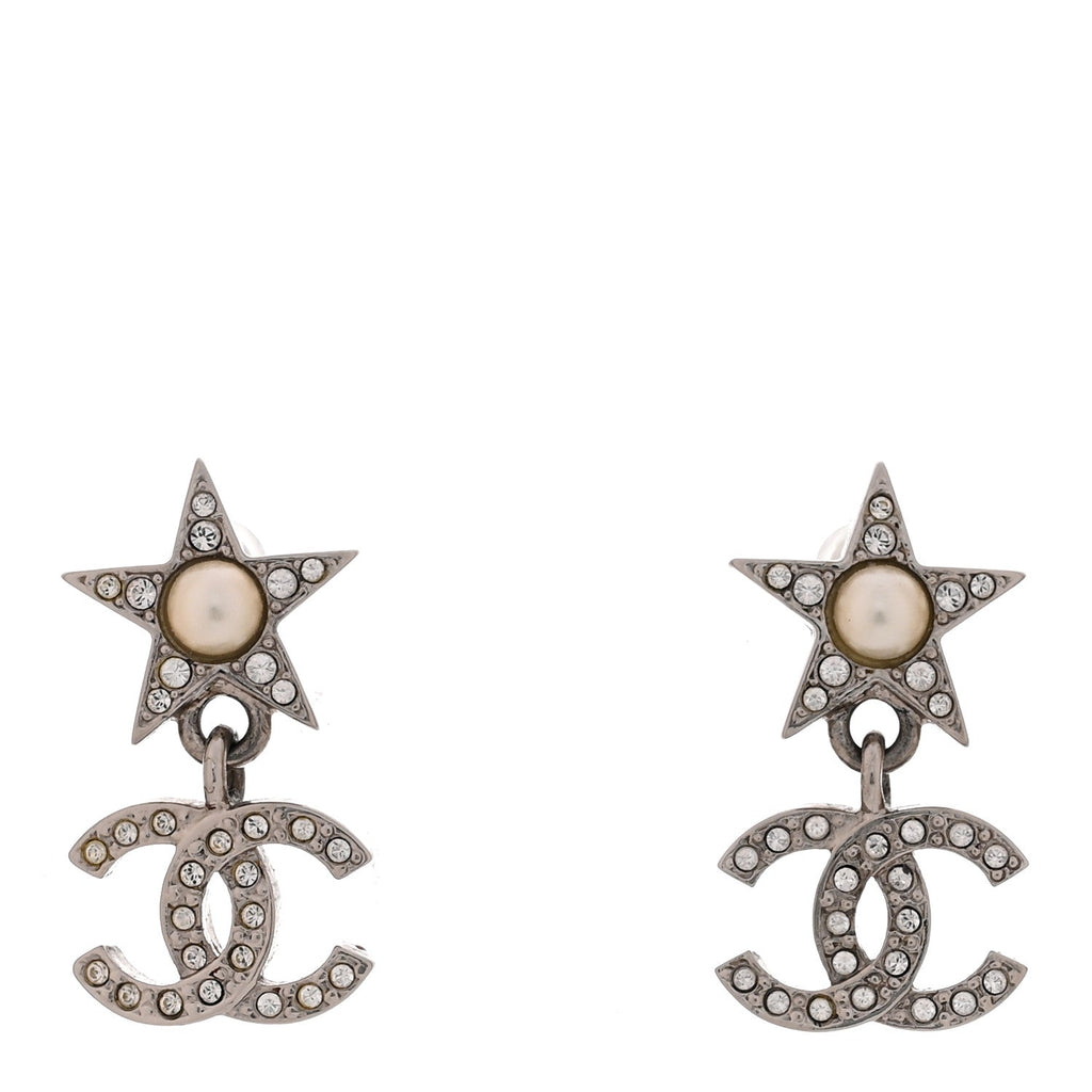 Crystal CC Pearl Star Drop Earrings Silver
