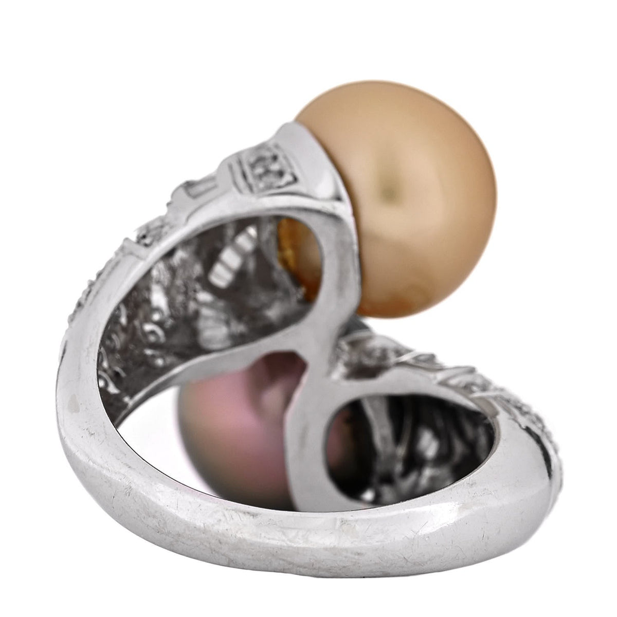 14K White Gold Diamond Gold Black Cultured Pearl .45ctw Bypass Ring 56 7.5