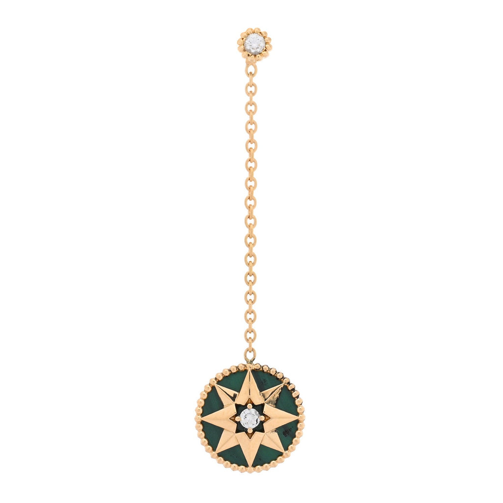 18K Yellow Gold Diamond Malachite Rose Des Vents Single Drop Earring
