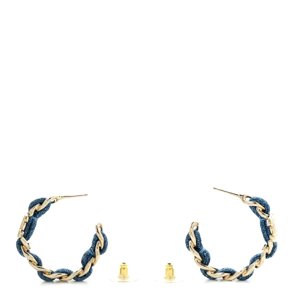 Metal Denim CC Chain Hoop Earrings Gold Blue