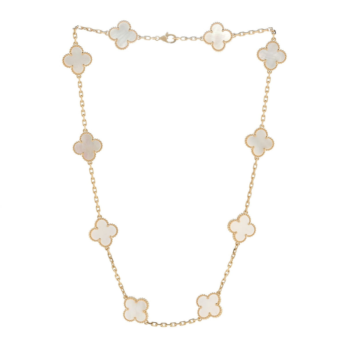 18K Yellow Gold Mother of Pearl 10 Motifs Vintage Alhambra Necklace