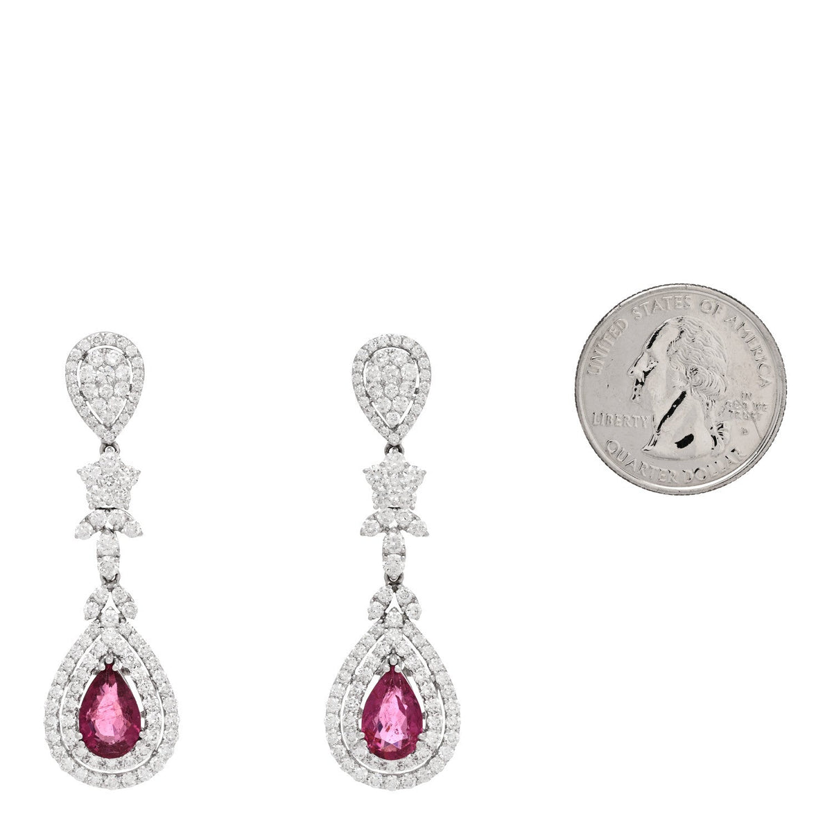 14K White Gold Diamond 4.40ctw Rubellite Pear Cut Drop Earrings