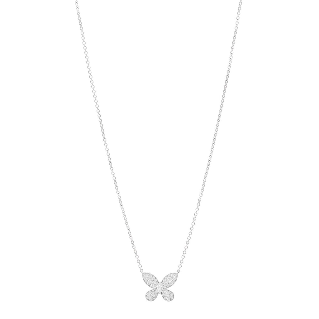 18K White Gold Diamond Small Butterfly Pendant Pave Necklace