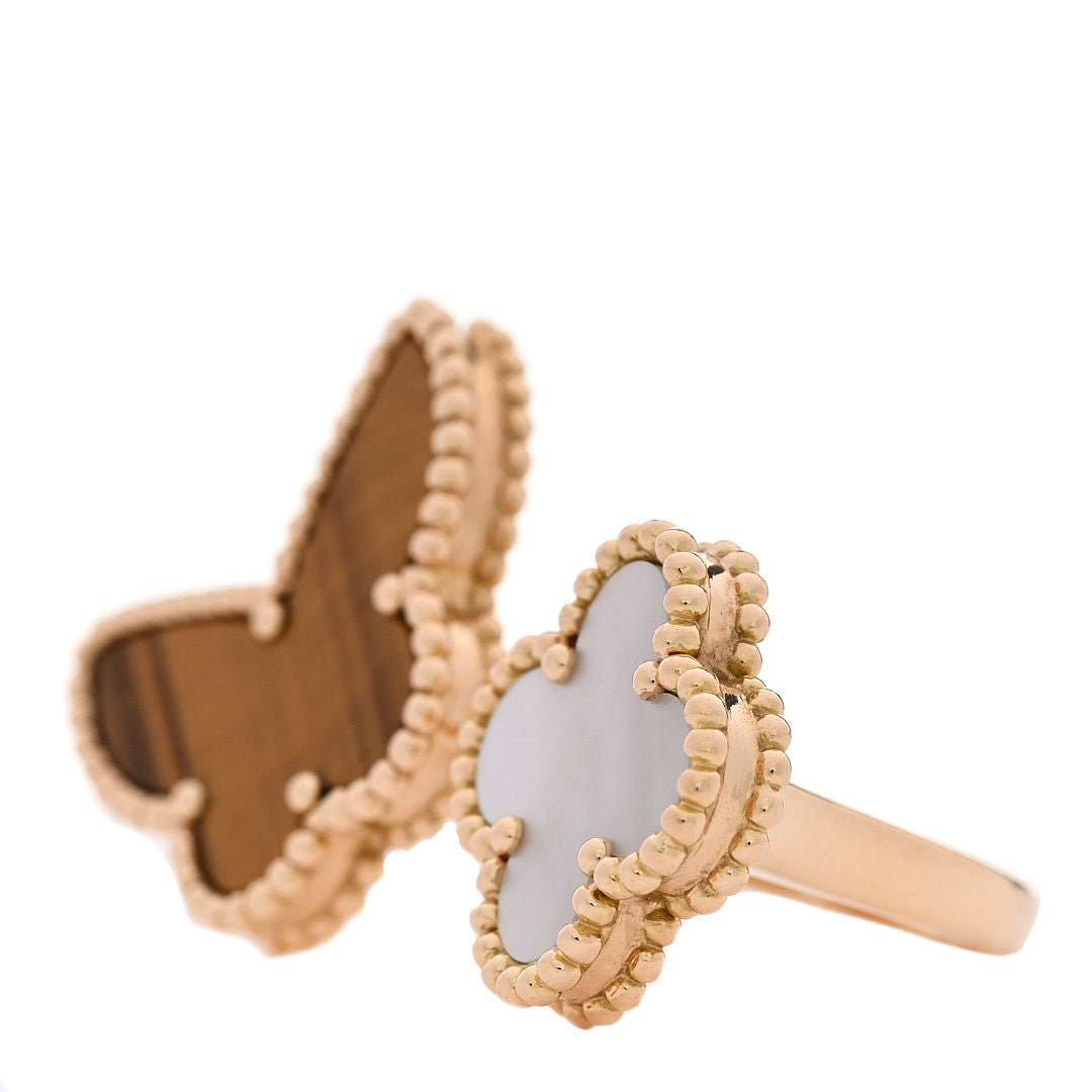 18K Yellow Gold Mother of Pearl Tiger Eye Lucky Alhambra Between the Finger Ring 53 6.5