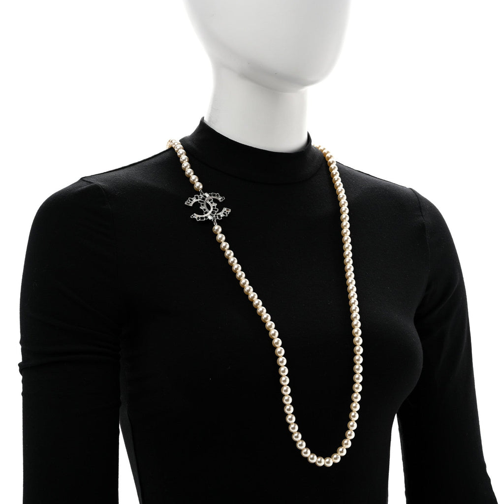 Pearl Crystal Lambskin CC Long Necklace Gold Black