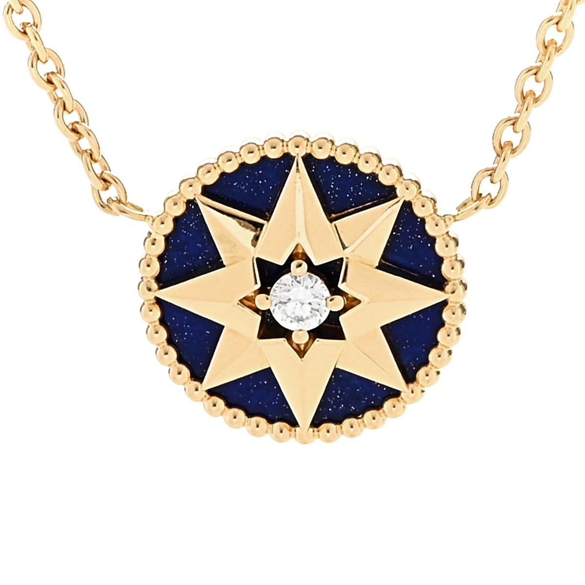 18K Yellow Gold Diamond Lapis Lazuli Rose Des Vents Necklace