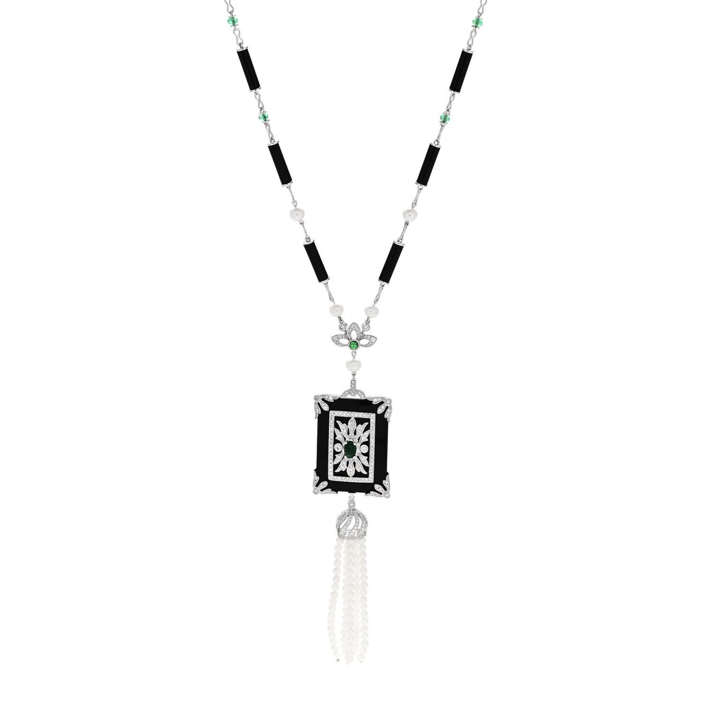 18K White Gold Diamond Emerald Black Onyx Cultured Pearl 1.45ctw Art Deco Tassel Pendant Necklace