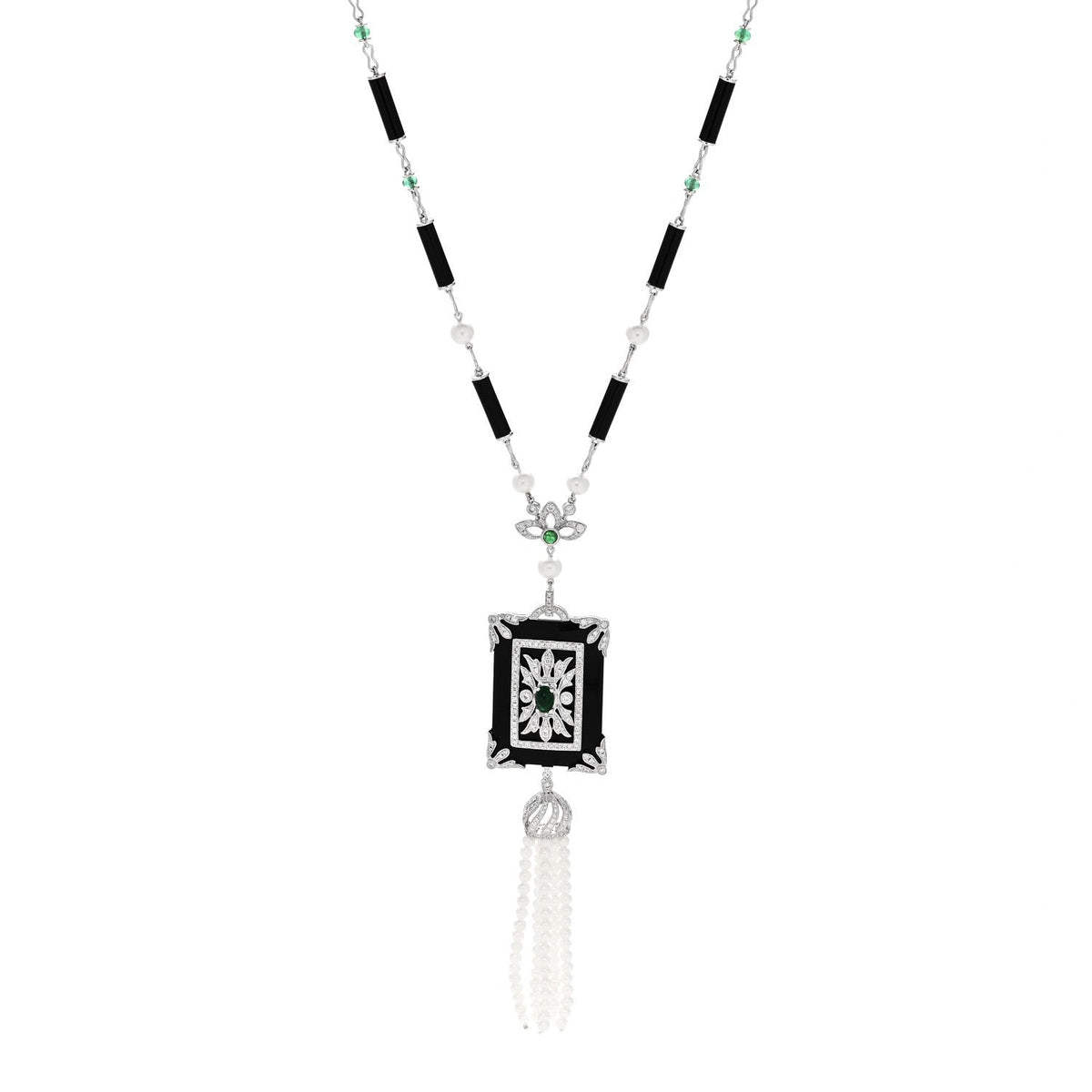 18K White Gold Diamond Emerald Black Onyx Cultured Pearl 1.45ctw Art Deco Tassel Pendant Necklace
