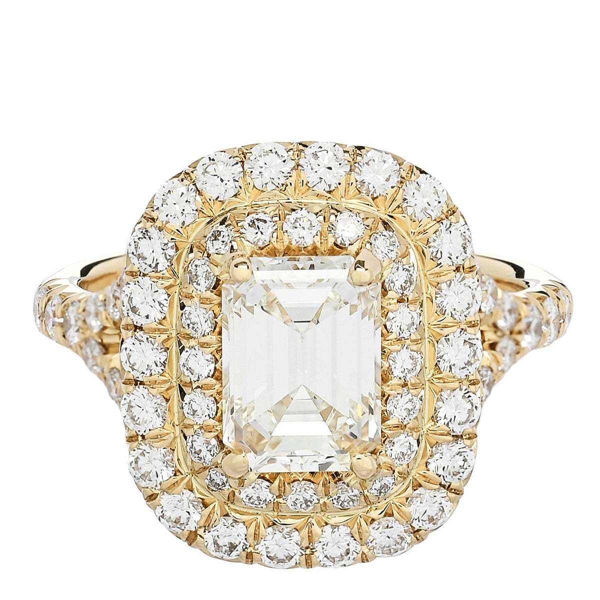18K Yellow Gold Diamond 1.29ct Emerald Cut Double Halo Pave Engagement Ring 50 5.25