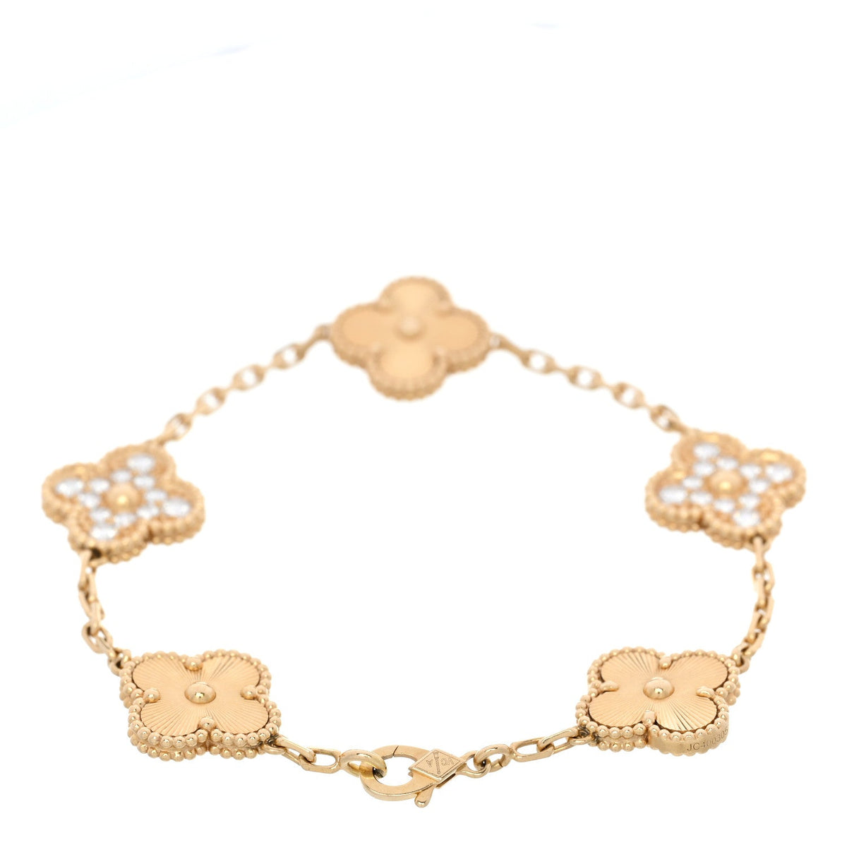 18K Yellow Gold Diamond 5 Motifs Guilloche Vintage Alhambra Bracelet