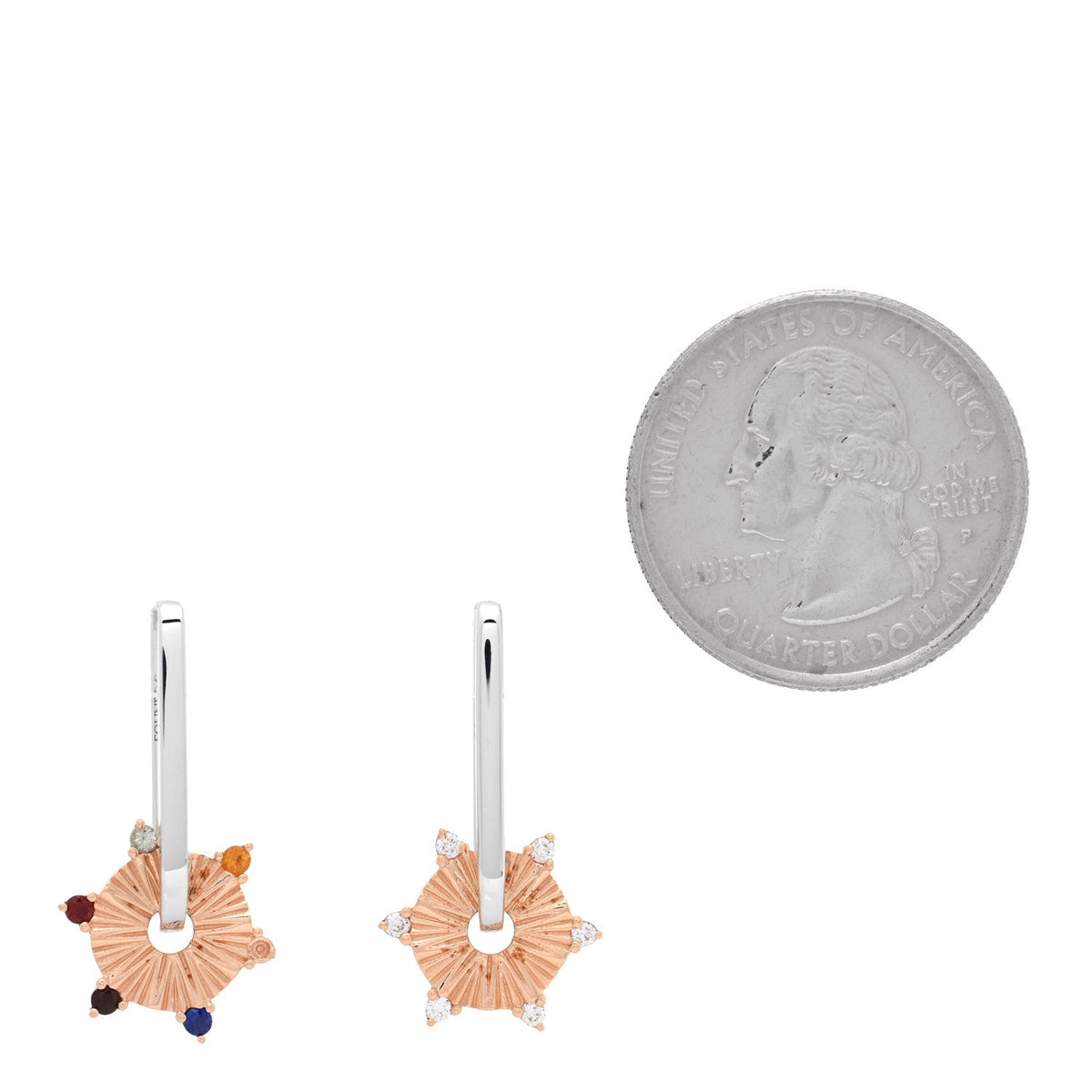 18K White Rose Gold Diamond Multi Gemstone Disk Small Fob Link Earrings
