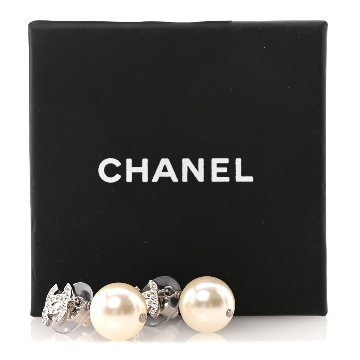 Crystal Pearl CC Drop Earrings Silver Pearly White