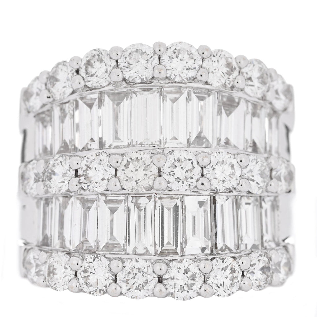 18K White Gold Diamond 4.12ctw Round Baguette Cut Five Row Band Ring 53 6.5