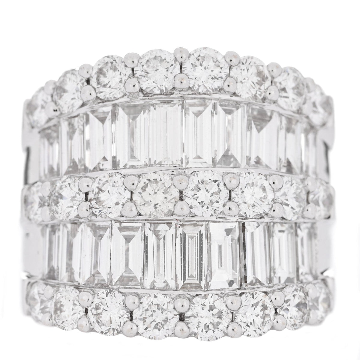 18K White Gold Diamond 4.12ctw Round Baguette Cut Five Row Band Ring 53 6.5