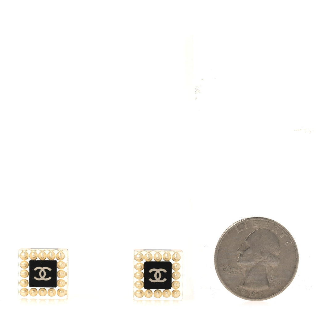 Pearl Resin Square CC Earrings Black Transparent