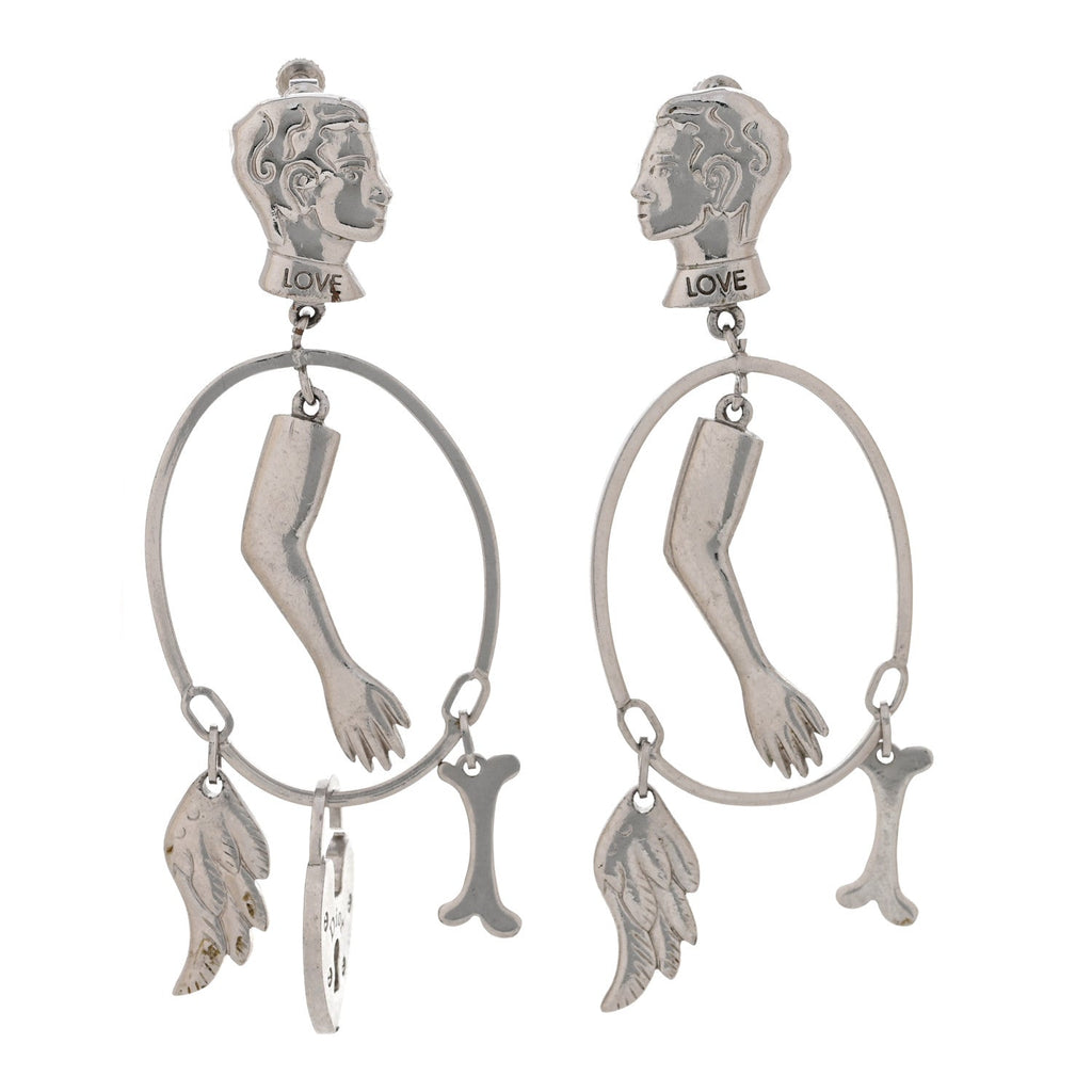 Metal Multi Charm Oval Clip On Drop Earrings Silver