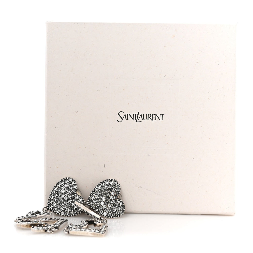 Brass Crystal Monogram Heart Drop Clip Earrings Silver
