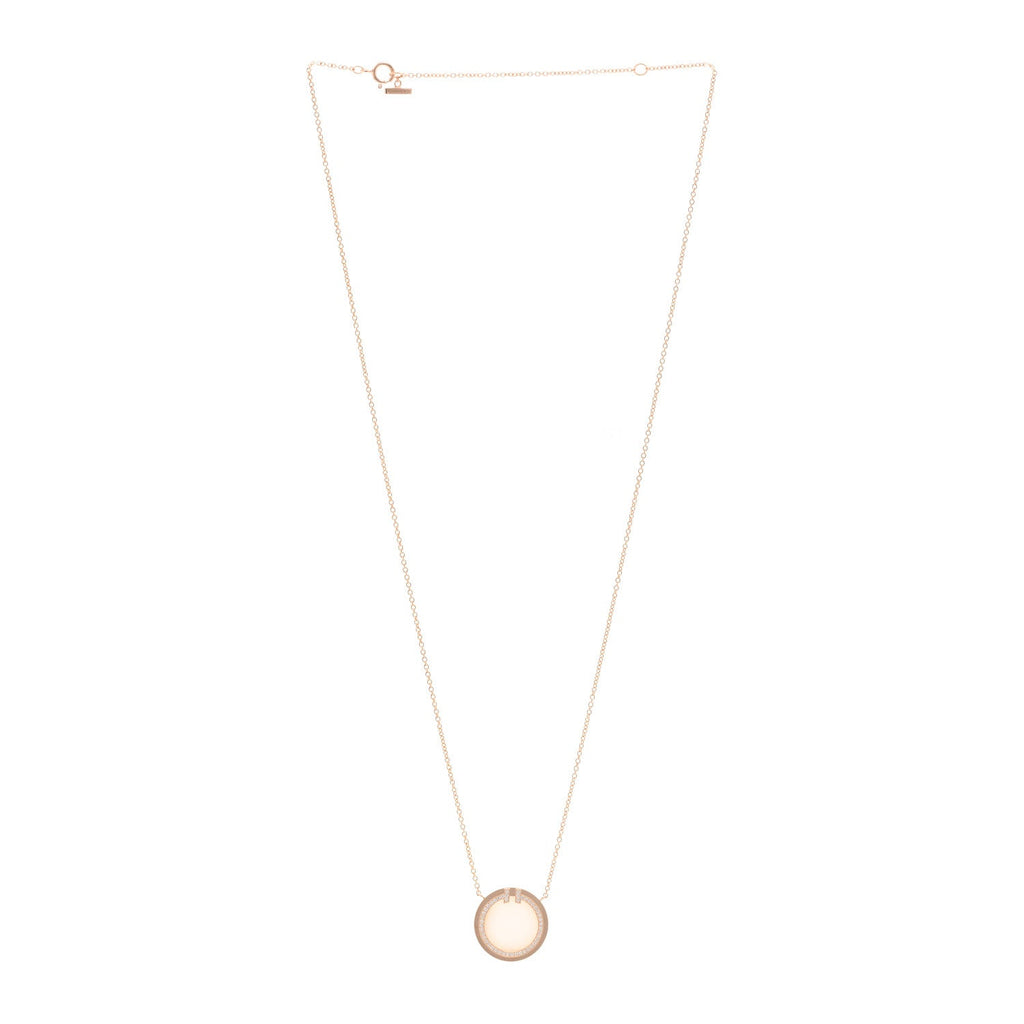18K Rose Gold Diamond Pink Opal T Circle Pendant Necklace