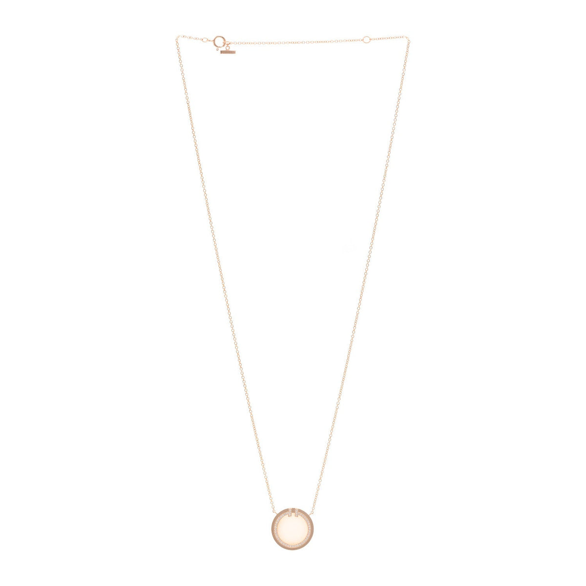 18K Rose Gold Diamond Pink Opal T Circle Pendant Necklace