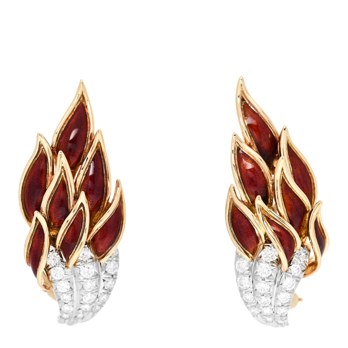 18K Yellow Gold Platinum Enamel Diamond Schlumberger Flame Earrings Red
