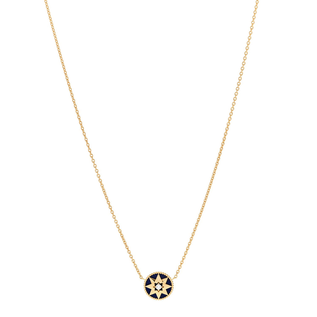 18K Yellow Gold Diamond Lapis Lazuli Rose Des Vents Necklace