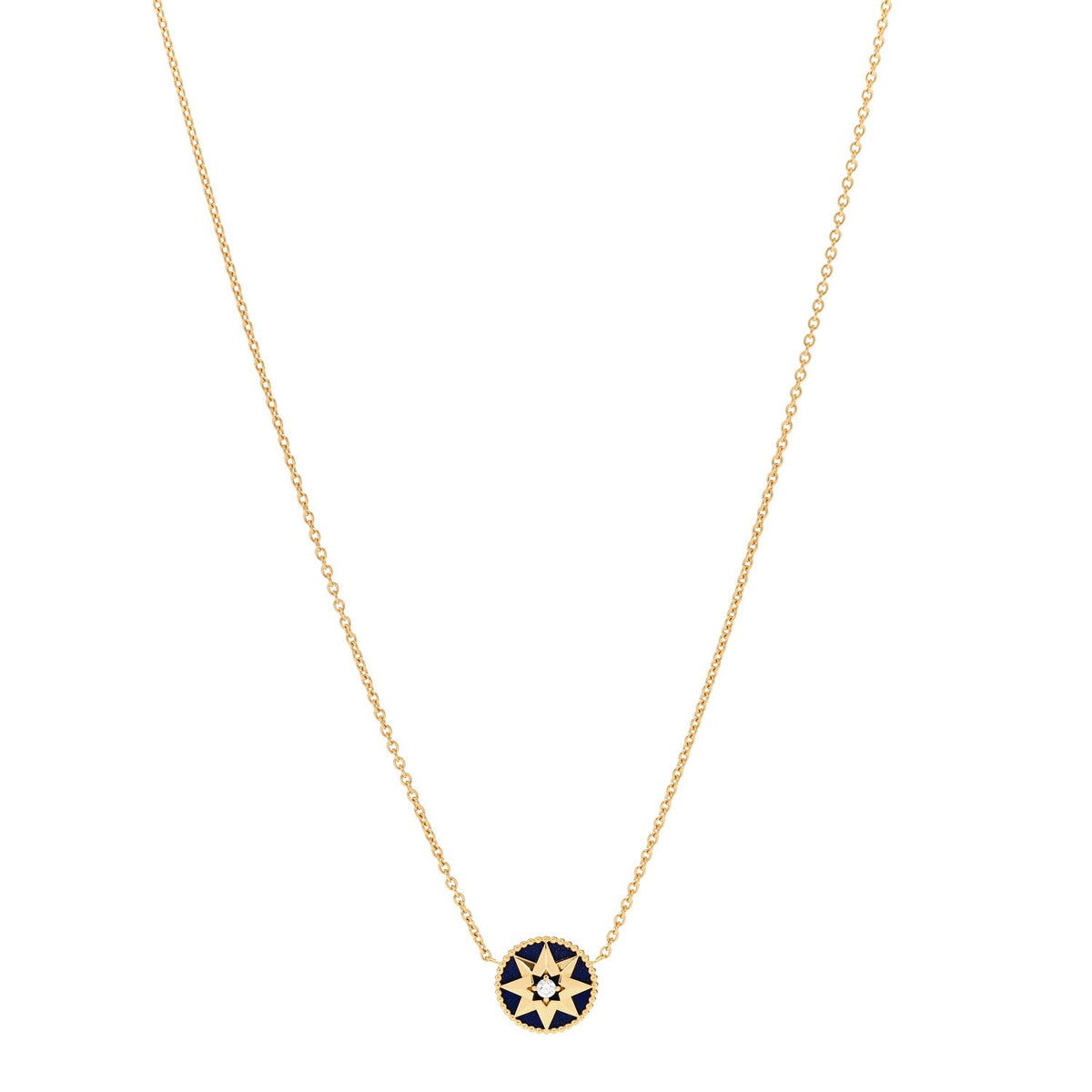 18K Yellow Gold Diamond Lapis Lazuli Rose Des Vents Necklace