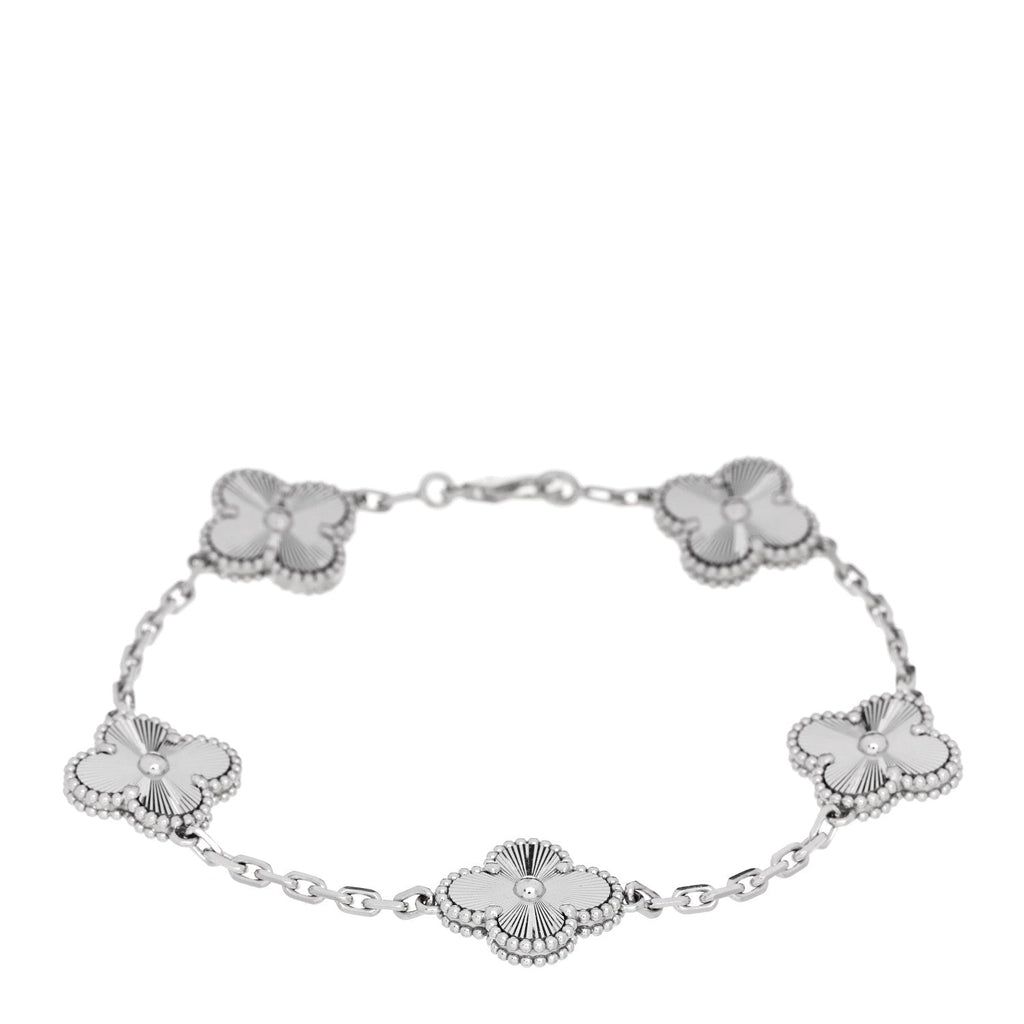 18K White Gold 5 Motifs Guilloche Vintage Alhambra Bracelet