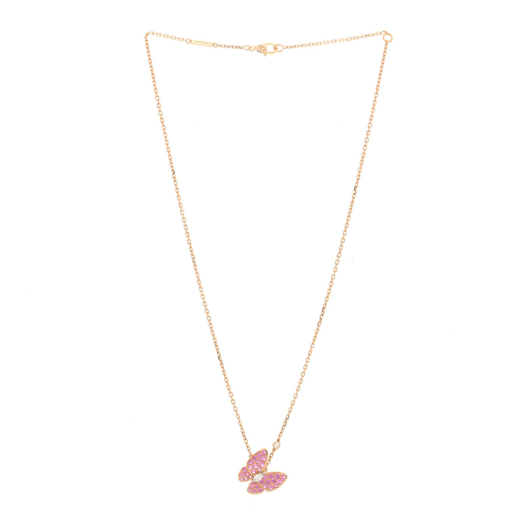 18K Rose Gold Diamond Pink Sapphire Two Butterfly Pendant Necklace