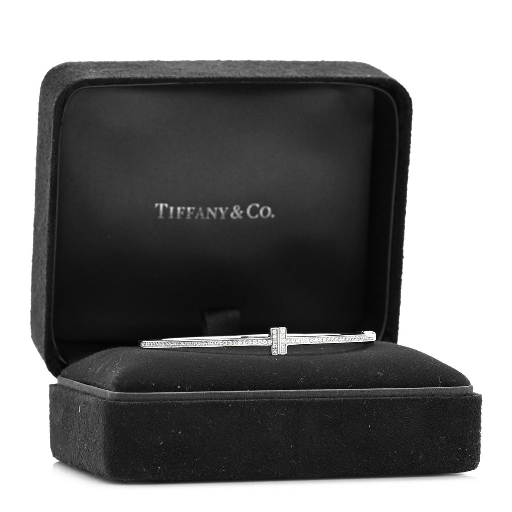 18K White Gold Diamond T Hinged Wire Bangle Bracelet